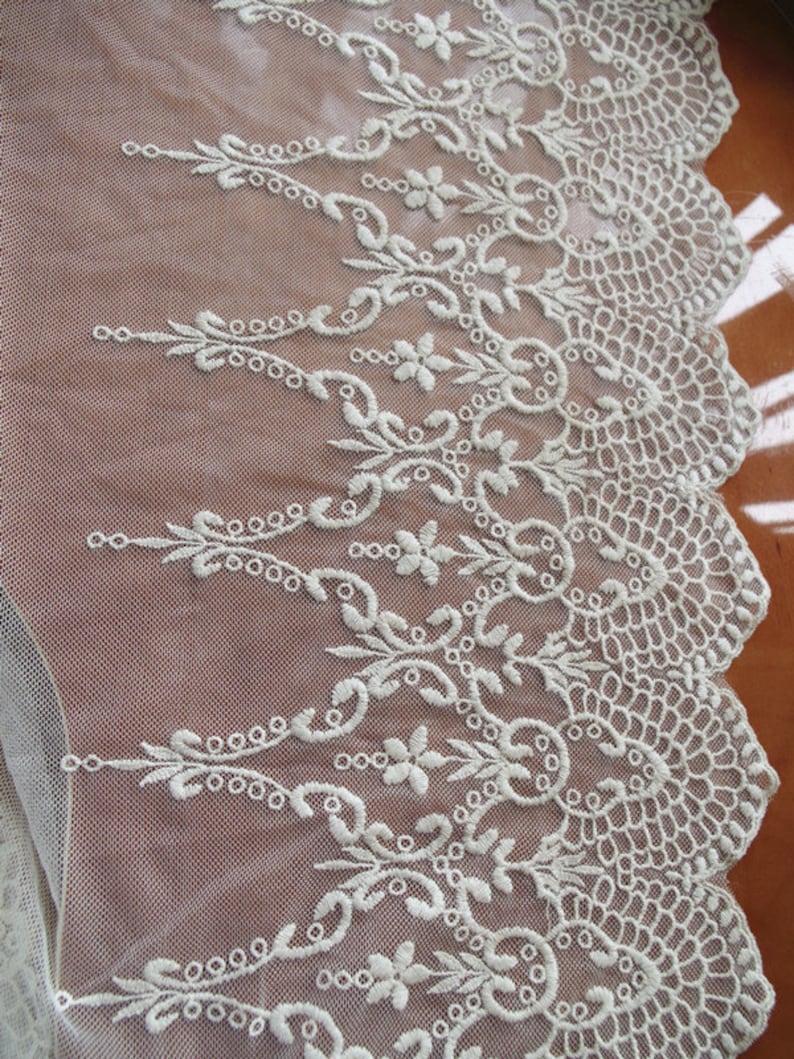 ivory lace fabric embroidered tulle lace fabric with scalloped edge