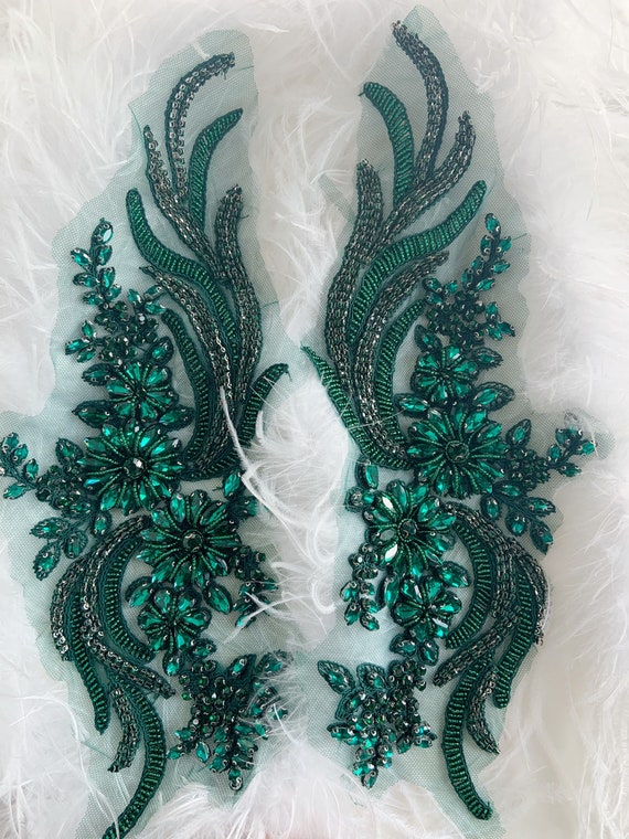 Green rhinestone applique, rhinetone bodice patch  for  dress, couture, dance costume