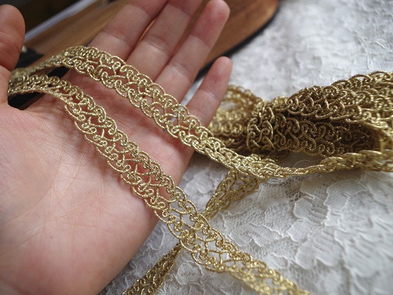 Gold Lace Trim, Gold Cord Crocheted Lace trim, gold lace tape by yard