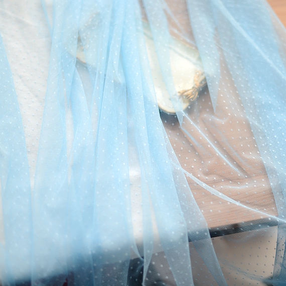 light blue soft tulle Lace fabric with polka dots