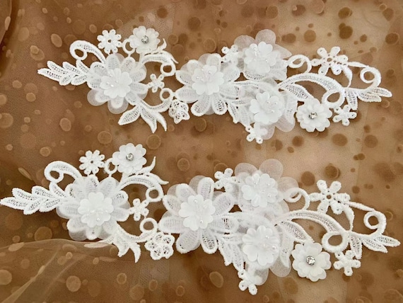 off white lace applique, 3D flowers lace applique motif, 2pcs