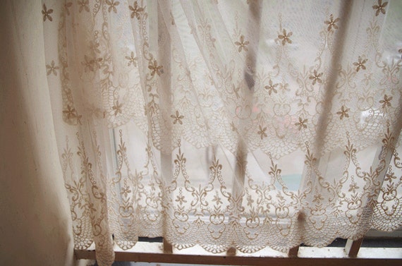 ecru Lace fabric, Embroidered tulle lace fabric, curtain fabric, cotton embroidery lace