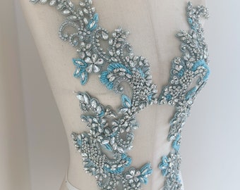 Light lake blue rhinestone appliqué, pink sparkle crystal applique for couture, dress, dance costume