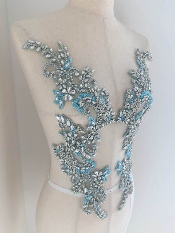 Light lake blue rhinestone appliqué, pink sparkle crystal applique for couture, dress, dance costume