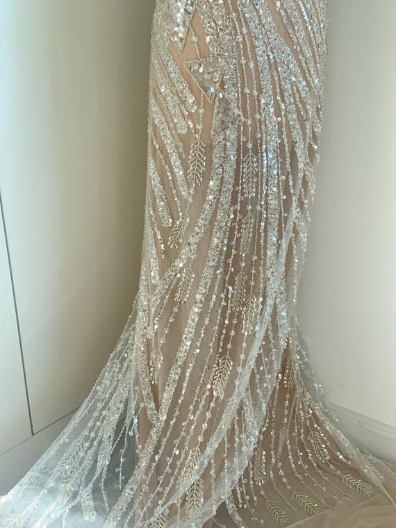 Heavy Bead sequined tulle lace fabric with triangles for bridal dress, wedding dress, veil, queen dress