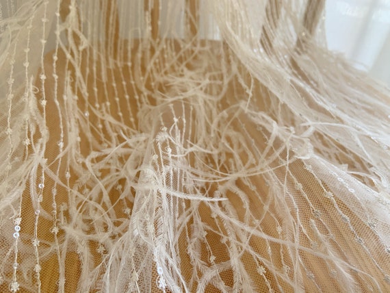 Off white fabric with Ostrich feather and sequins, sequined lace fabric for haute couture dress, high end hand beaded lace fabric by yard