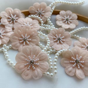 5pcs blush pink satin flowers appliqué , heavy bead florals patch with rhinestone