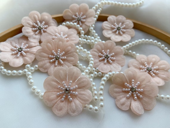 5pcs blush pink satin flowers appliqué , heavy bead florals patch with rhinestone