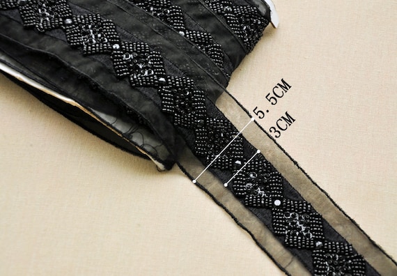 black bead lace trim by the yard, black bead sash belt