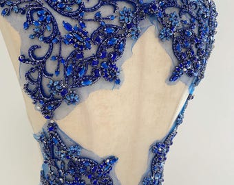 Blue Rhinestone applique for backless dress, blue crystal bodice patch for key hole dress