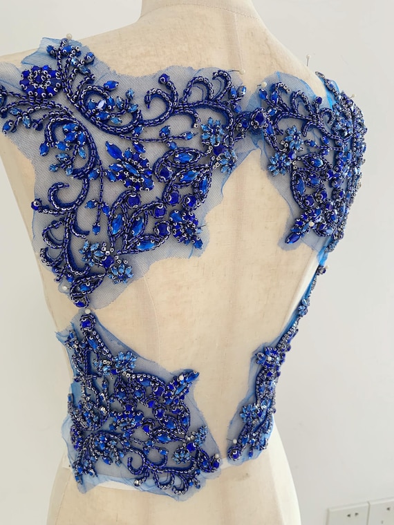 Blue Rhinestone applique for backless dress, blue crystal bodice patch for key hole dress