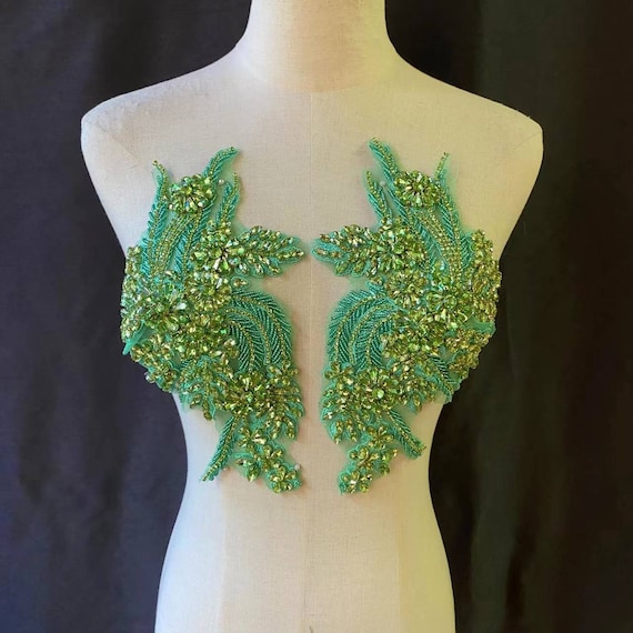 Light green Rhinestone applique, crystal applique patch, crystal bodice patch, handmade rhinestone applique for couture, dance costume