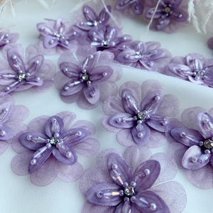 5pcs purple organza flower appliqué with rhinestones, 3d flower patch with crystal beads , handcrafted florals for couture supplies