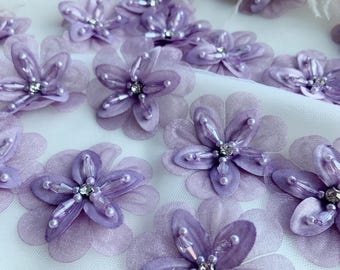 5pcs purple organza flower appliqué with rhinestones, 3d flower patch with crystal beads , handcrafted florals for couture supplies