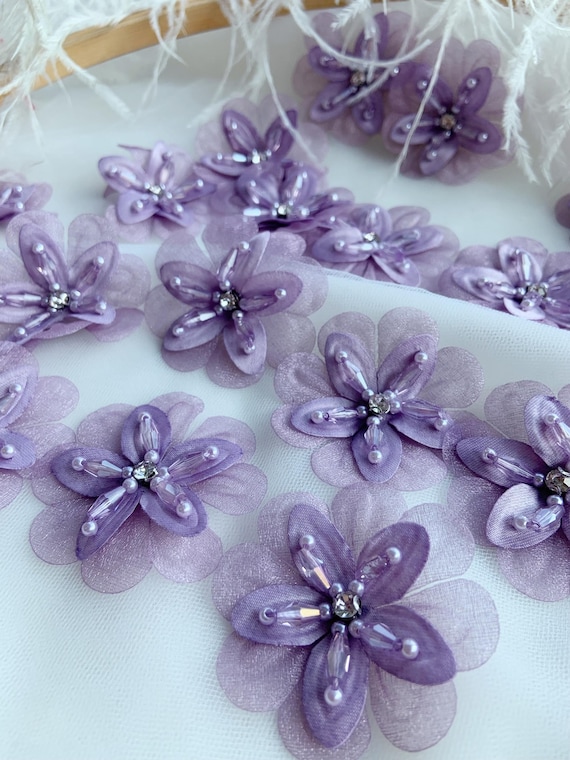 5pcs purple organza flower appliqué with rhinestones, 3d flower patch with crystal beads , handcrafted florals for couture supplies