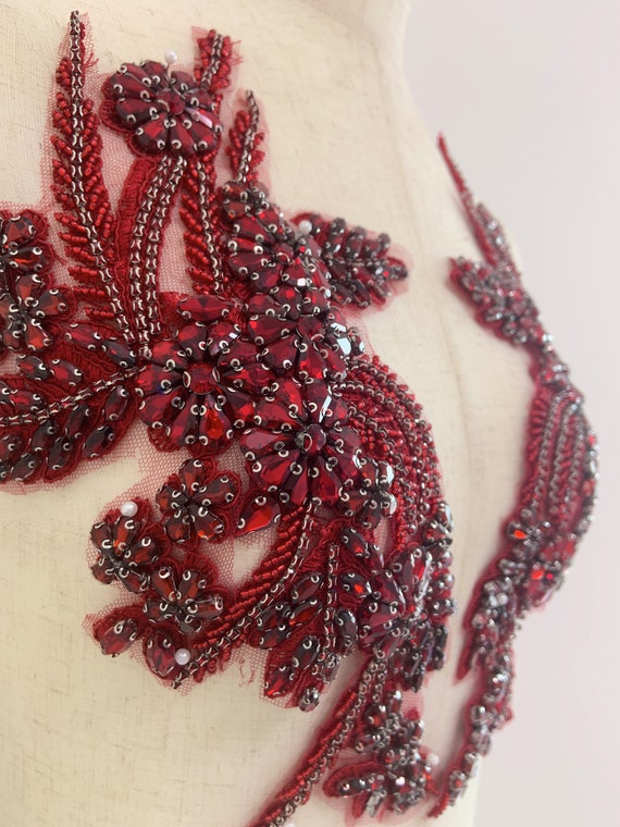 Wine red Rhinestone applique, sparkle crystal applique, crystal bodice patch, handmade couture supplies, dance costume supplies