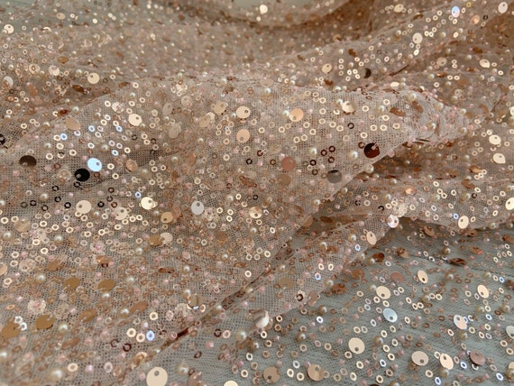 Rose gold bead lace fabric, sparkle French bead lace fabric with sequins, sequin fabric for dress, couture, costume