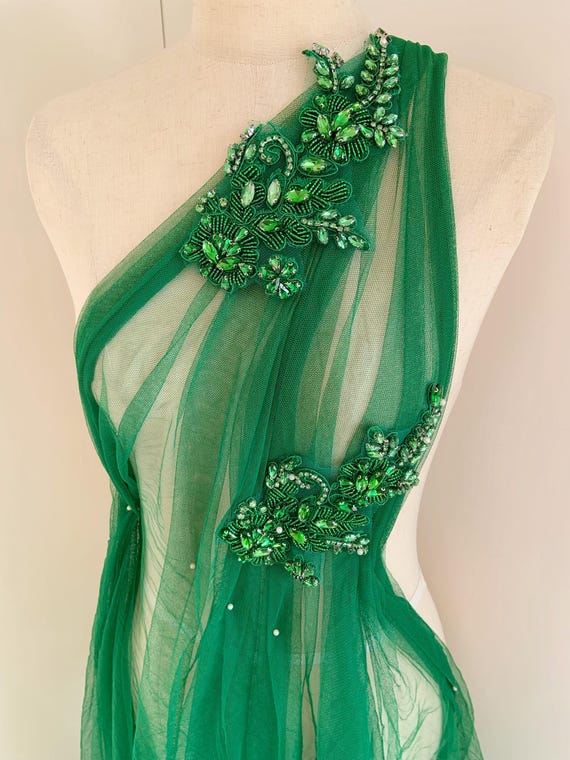 One pair green rhinestone appliqué , sparkle crystal applique for couture, dress, dance costume