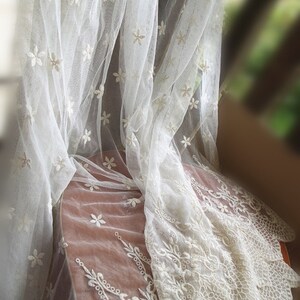 ivory lace fabric, embroidered tulle lace fabric with scalloped edge