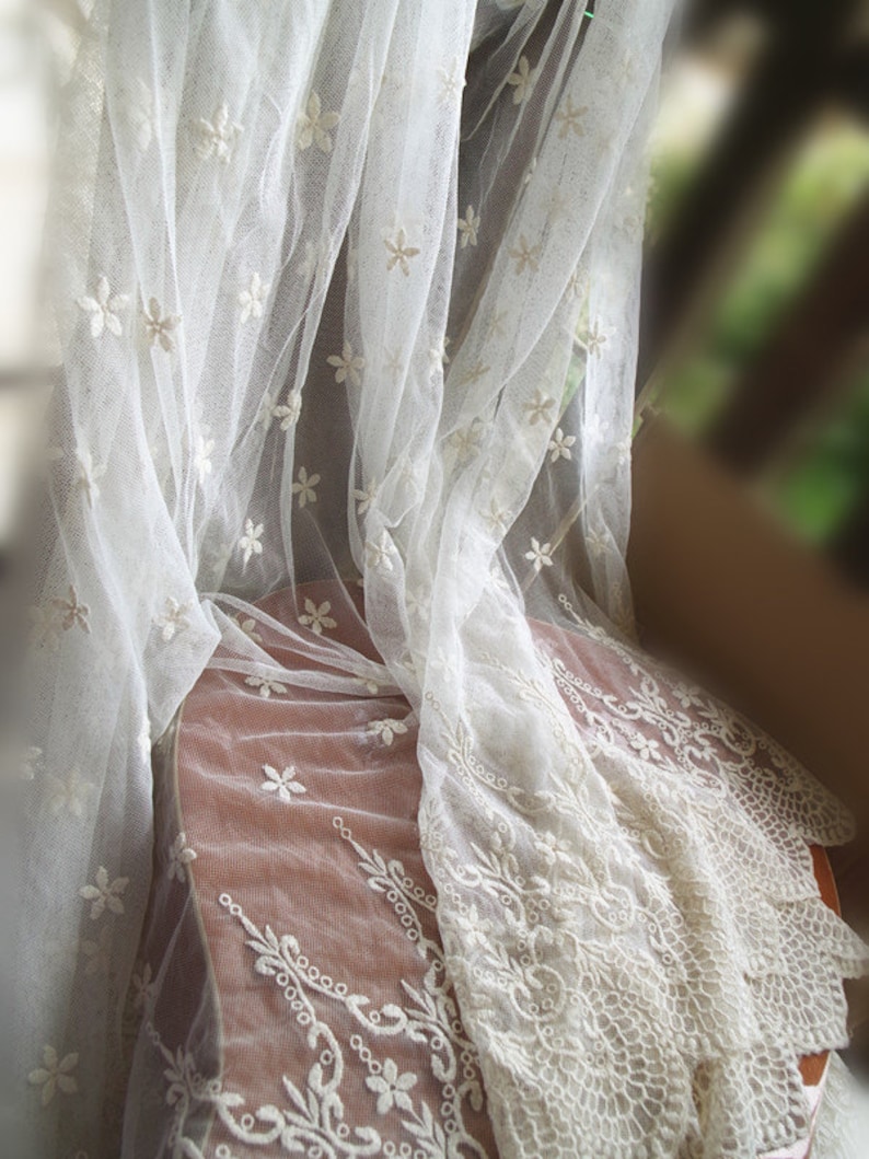 ivory lace fabric embroidered tulle lace fabric with scalloped edge