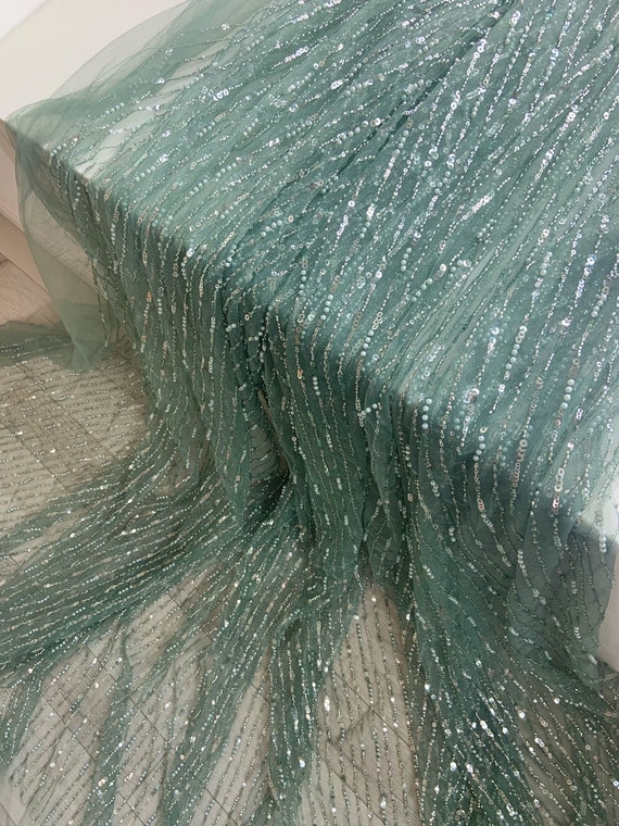 Dark green bead lace fabric for dress, heavy beaded and sequined mesh fabric for gowns