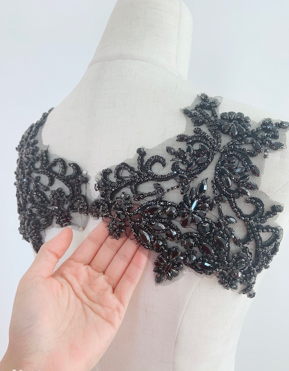 Black Rhinestone applique, black bead bodice patch, handmade rhinestone patch for couture, gowns, dress, dance costume