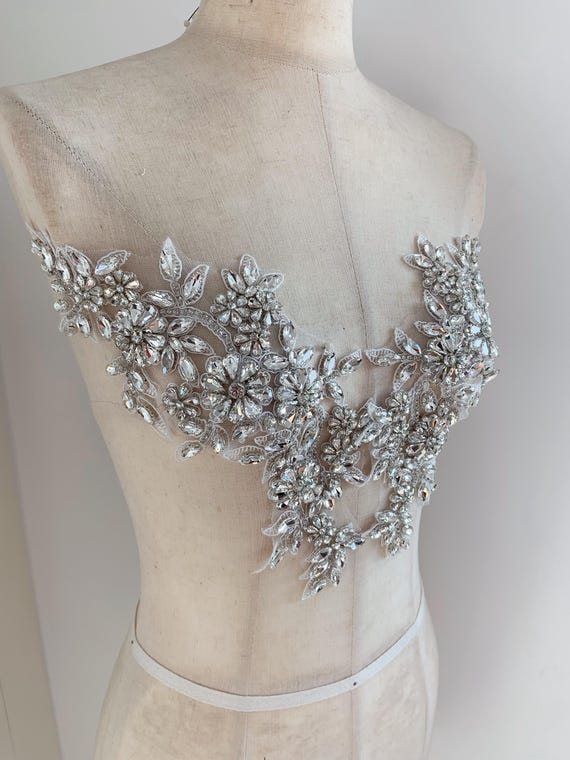 Silver rhinestone appliqué by pair, couture supplies, wedding dress, dance costume supplies
