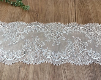 Ribete de encaje Chantilly blanco suave con bordes festoneados, ribete de encaje con flecos para vestido de novia, velo, lencería, bata nupcial.