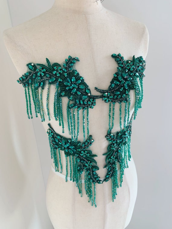 Green Rhinestone applique with fringe for dance costume, body jewelry with tassels, crystal embellishment patch for couture, dance wear