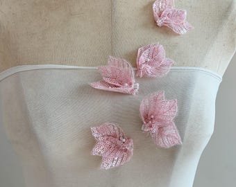 5pcs pink leavesapplique, pink sequin leaves applique, bead leaves patch