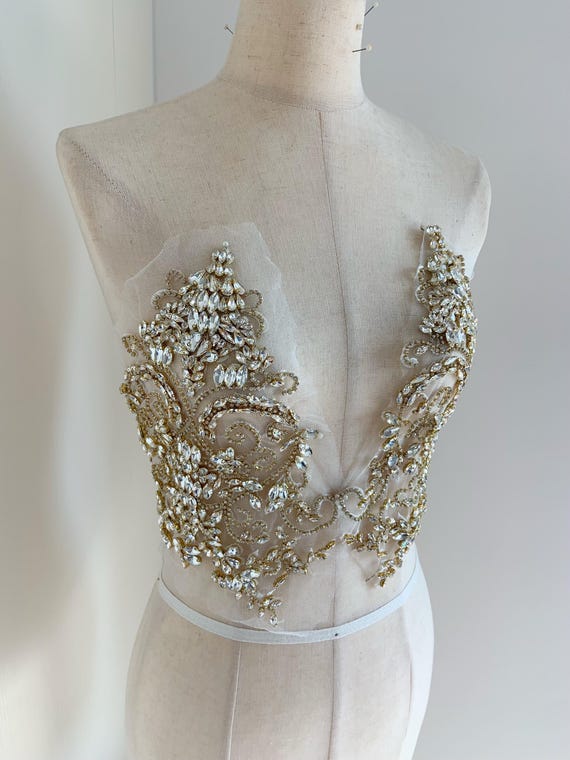 Light gold Rhinestone applique for corset dress, handcrafted rhinestone patch for tube  couture, dance costume