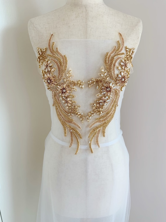Champagne gold rhinestone applique, crystal bodice patch, heavy rhinestone patch applique for couture and dance costume