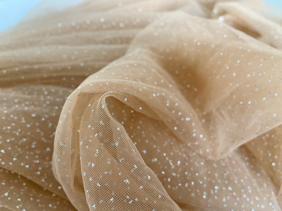 Nude tan tulle fabric with shimmer for dress,  tulle with glitters, sparkling polka dots for costume, galaxy like tulle fabric
