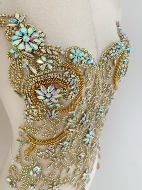 Golden iridescent Rhinestone bodice applique, large crystal applique for couture, crystal bodice applique for dress, costume supplies