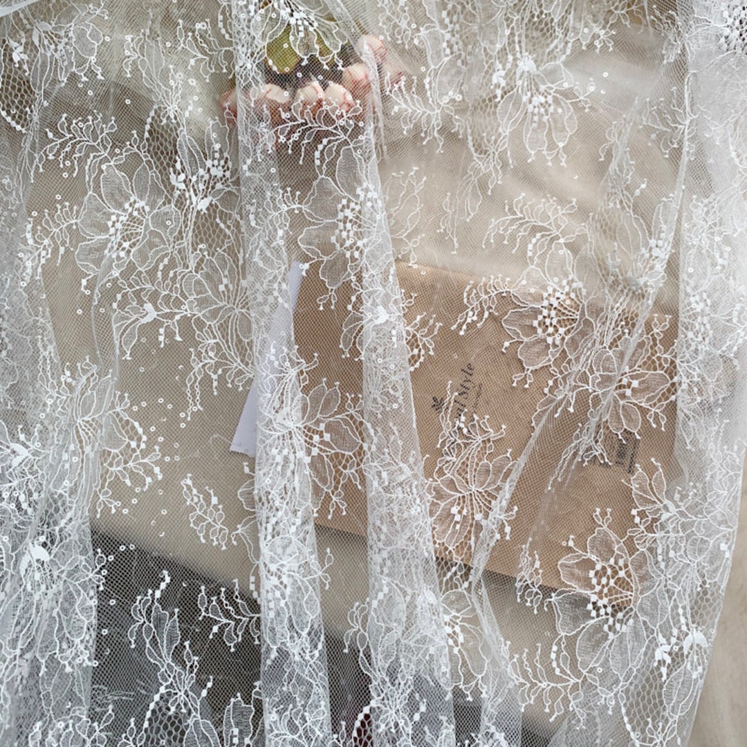Off White Chantilly Lace Fabric With Sequins, Bridal Lace Fabric - Etsy