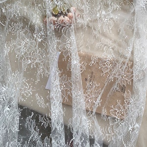 off white Chantilly lace fabric with sequins, bridal lace fabric