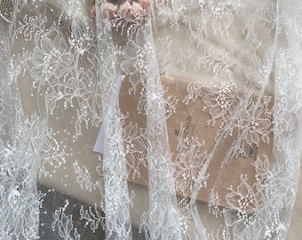 off white Chantilly lace fabric with sequins, bridal lace fabric