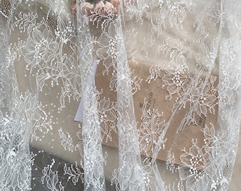 off white Chantilly lace fabric with sequins, bridal lace fabric