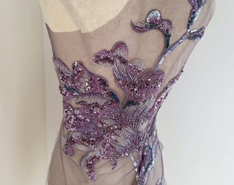 Aplique de flores bordadas con cuentas moradas, parche floral de cuentas gruesas para arreglos de vestidos, suministros de alta costura