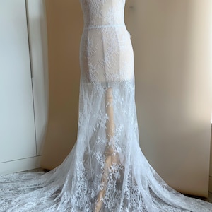 White Chantilly lace fabric with double scallops for wedding dress, bridal robe, veil