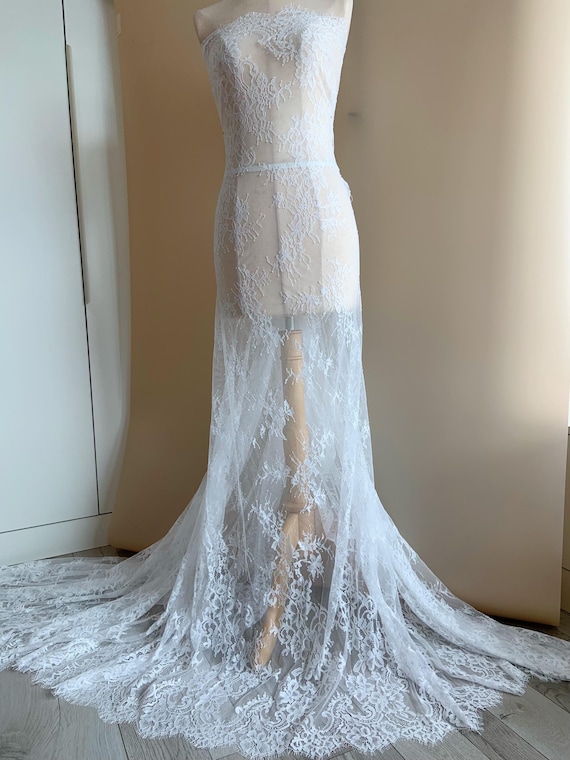 White Chantilly lace fabric with double scallops for wedding dress, bridal robe, veil