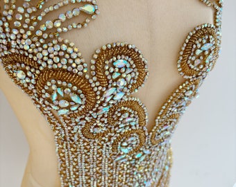 Large gold ab Rhinestone appliqué, rhinestone bodice applique, crystal bodice appliqué for couture, dress, dance costume, prom dress