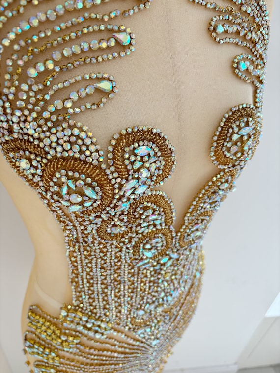 Big gold ab Rhinestone appliqué, rhinestone bodice applique, crystal bodice appliqué for couture, dress, dance costume, prom dress
