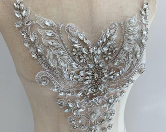 Silver rhinestone appliqué for sweetheart neckline, apparel  alteration supplies, rhinestone patch for wedding dress