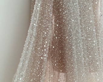 Bead and sequined tulle lace fabric for bridal dress, wedding dress, veil, gowns