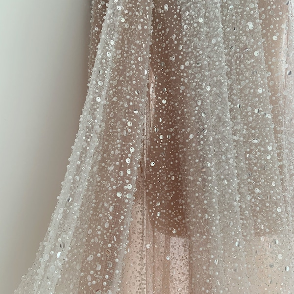 Luxury Beaded Tulle Lace Fabric – Off-White Sequined Bridal Mesh by the Yard for Wedding Dress & Veil
