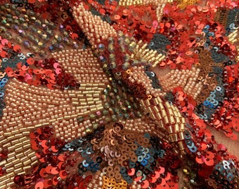 Tela bordada con cuentas rojas y flores grandes, tela de tul con cuentas pesadas y flores para vestidos y alta costura.