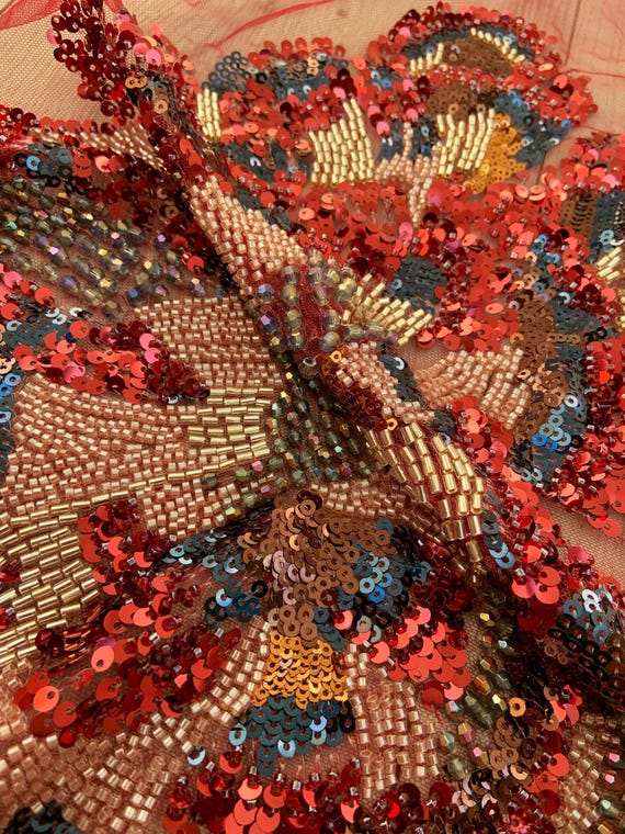 Red bead embroidery fabric with big flowers, heavy bead tulle fabric with florals for dress, couture