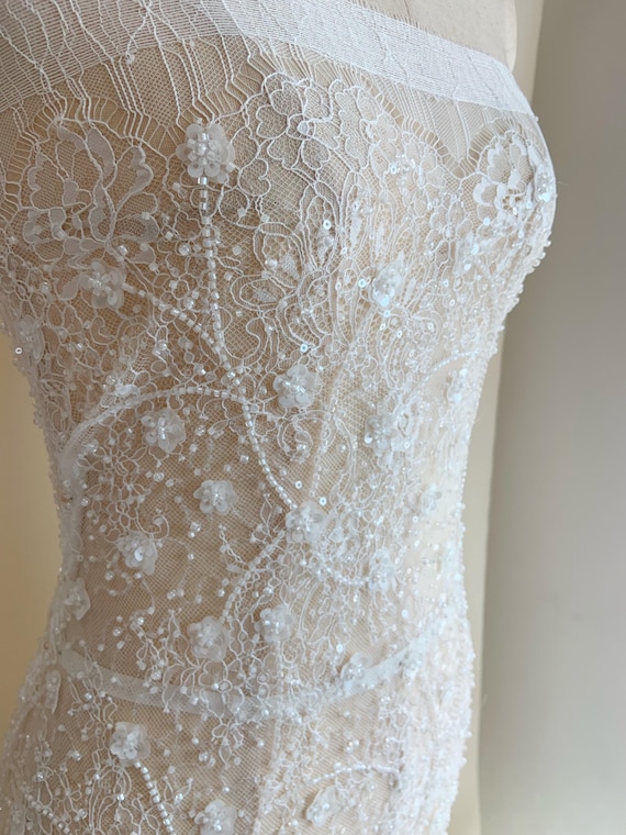 white bead Chantilly lace fabric with 3d flowers ,  heavy beadwork chantilly lace fabric for bridal dress, wedding dress