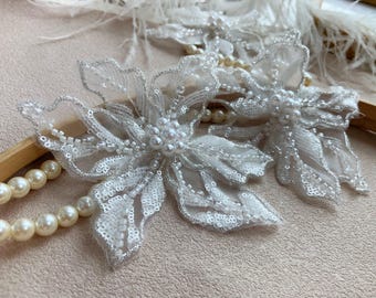 3d ivory handcrafted flower appliqué for dress, beadwork flower patch millinery supplies